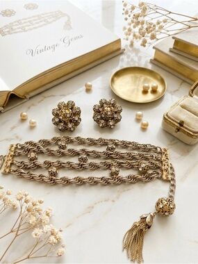 Antique Hobe - Gold Multi-Row Chain Bracelet with Tassel and Earrings